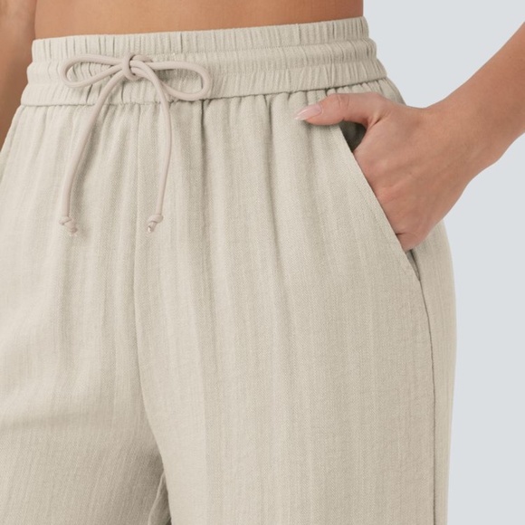 High Waisted Drawstring Pocket Wide Leg Casual Linen-Feel Pants - Picture 3 of 5